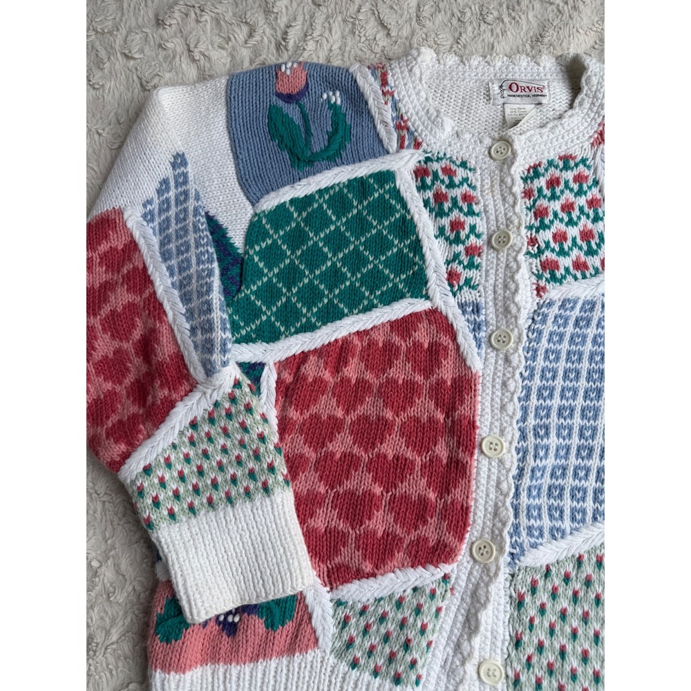 Vintage Orvis Patchwork Cardigan Sweater Floral Heart Knit Ramie Cotton S - Picture 7 of 13